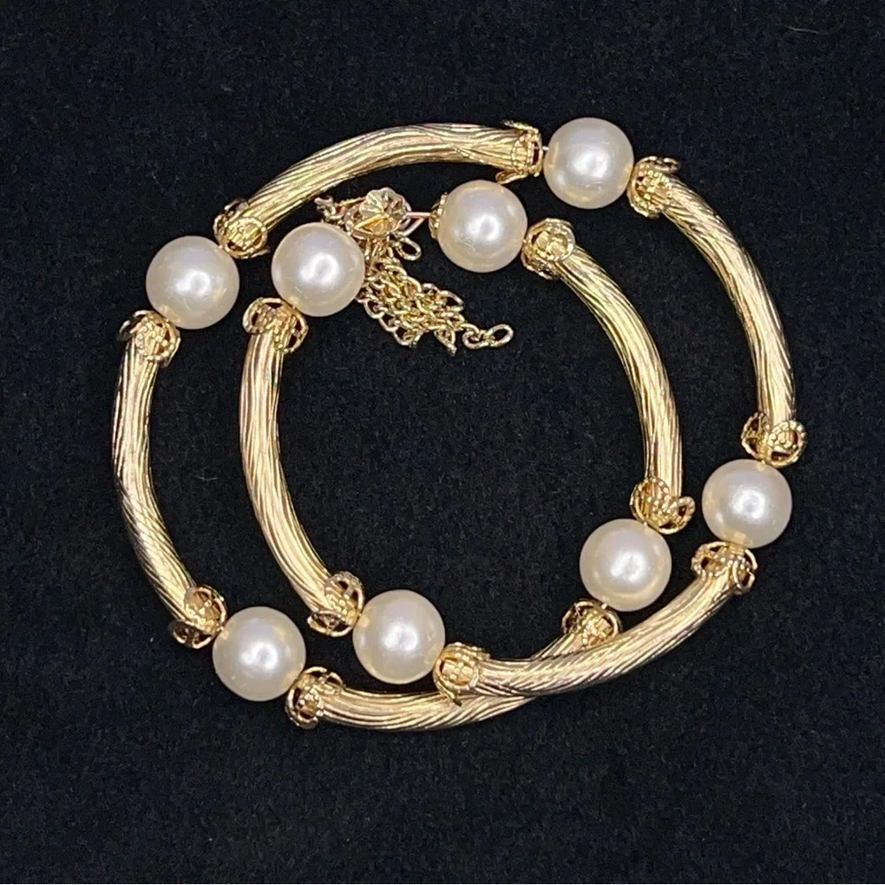Vintage Gold Plated Wrap Memory Bracelet Tassels Faux Pearl Retro Glam Wedding